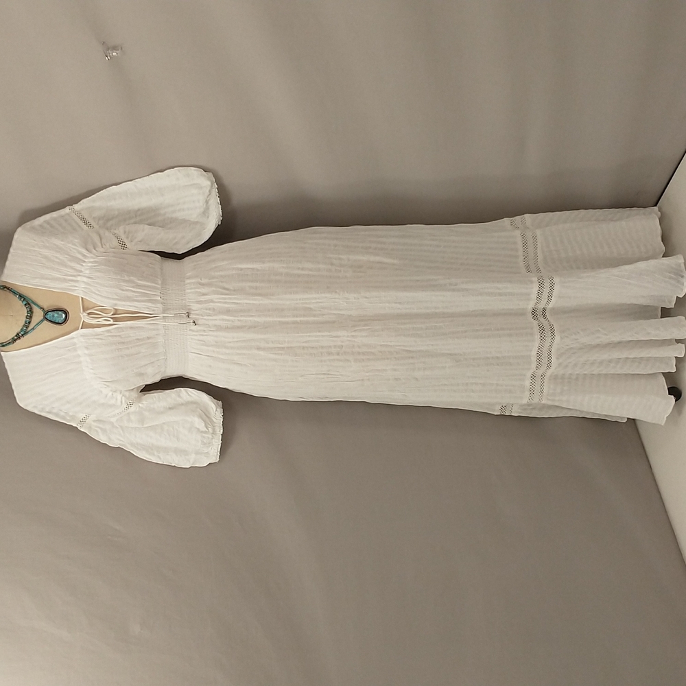 Romantic Sexy White Cotton Maxi Dress Free People Plunge Neckline Crochet Trim L
